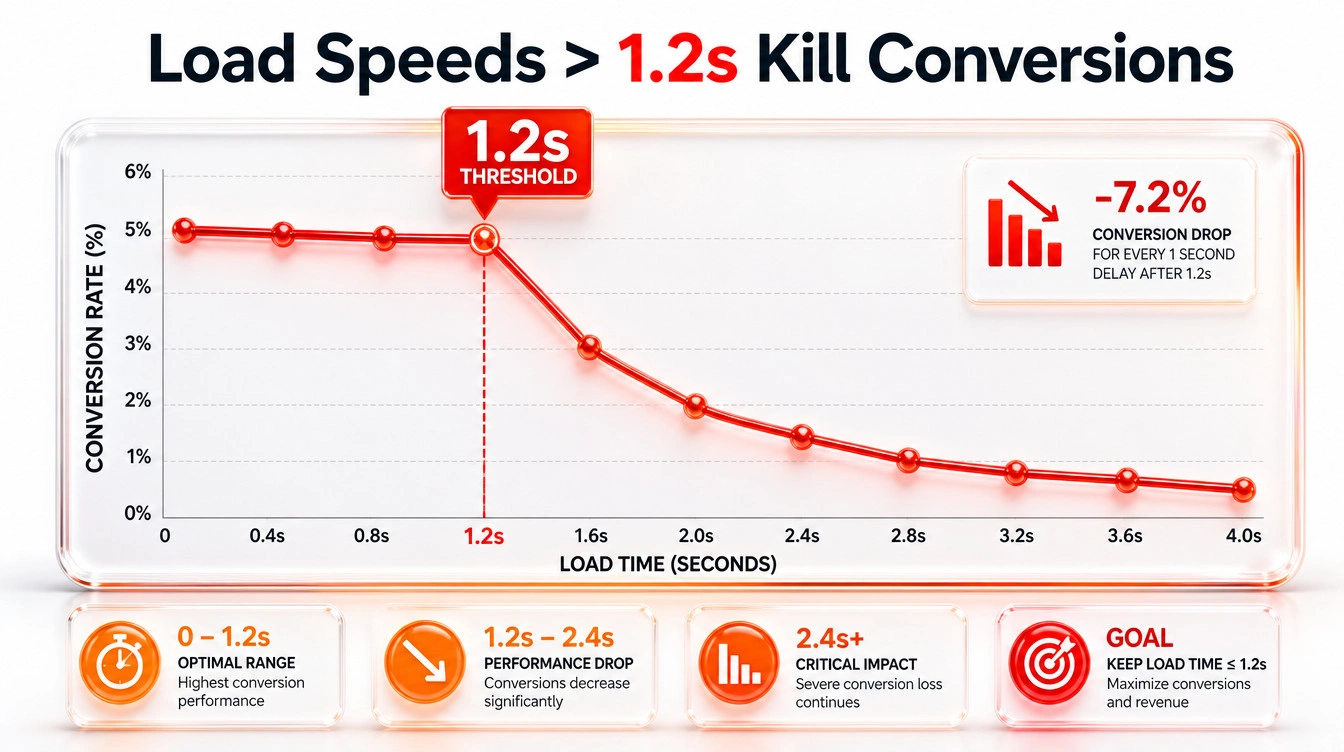 Line graph demonstrating the sharp drop in patient appointment conversions as mobile load times increase beyond one point two seconds