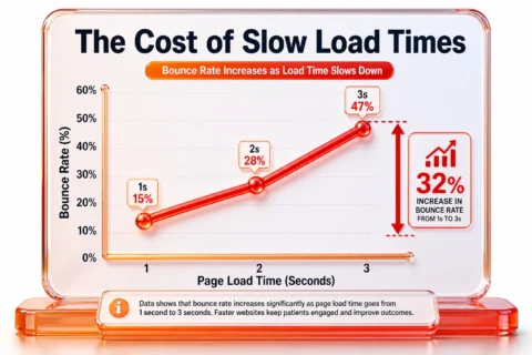 Line graph showing a thirty-two percent increase in bounce rates as mobile page load times increase from one to three seconds.