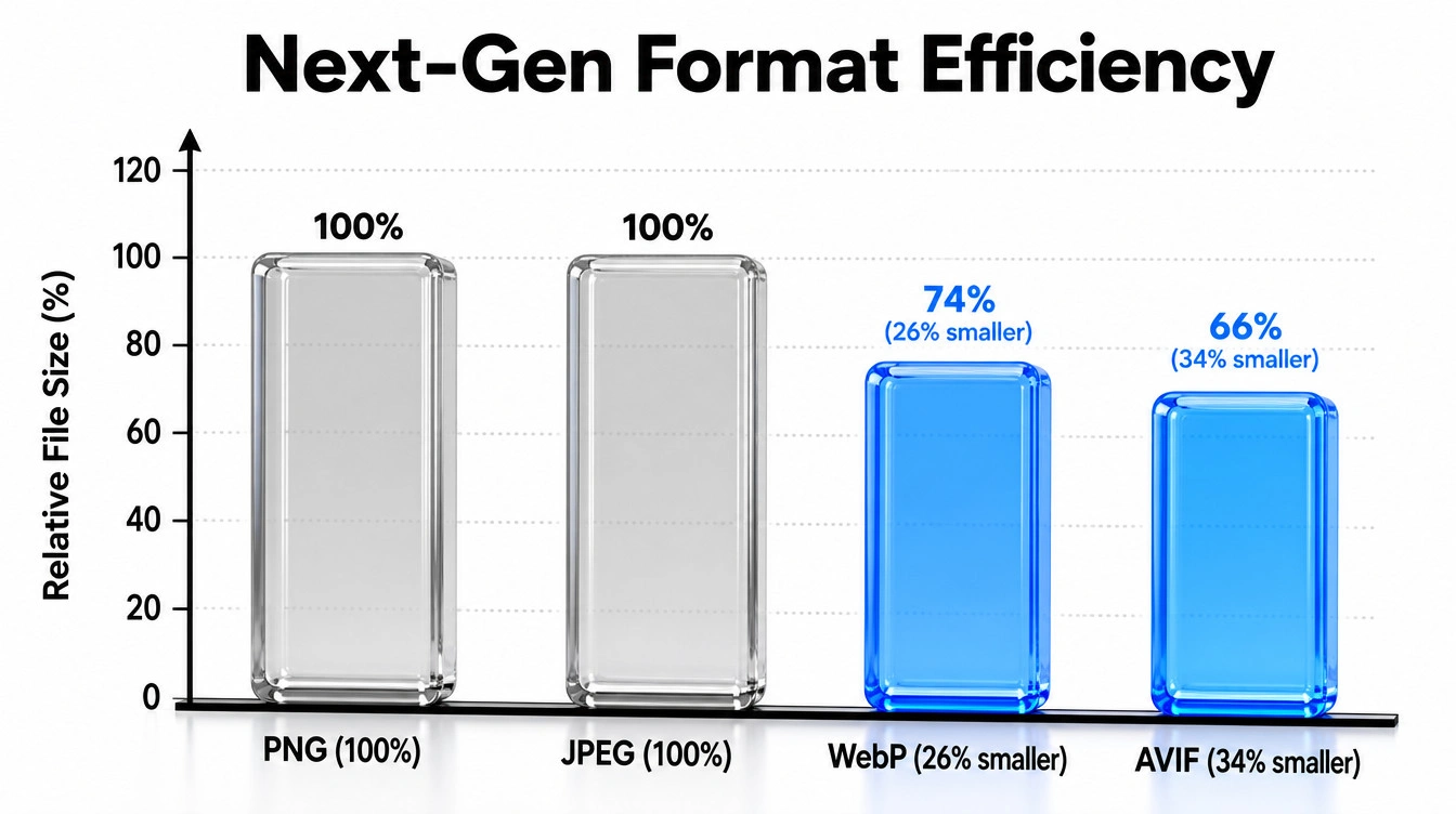 Bar chart comparing file sizes of legacy image formats like JPEG and PNG against next-generation WebP and AVIF formats.
