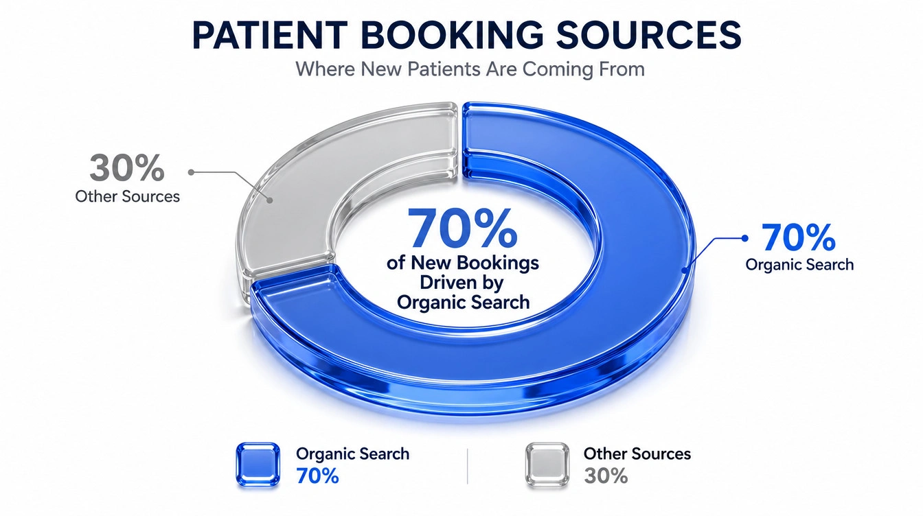 Donut chart showing search algorithms driving seventy percent of clinic bookings compared to thirty percent from paid ads