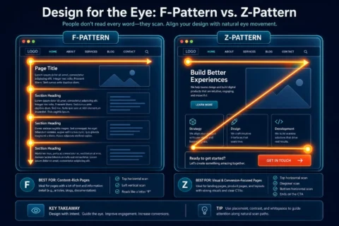 Diagram comparing the F-pattern and Z-pattern visual hierarchies for website layouts.