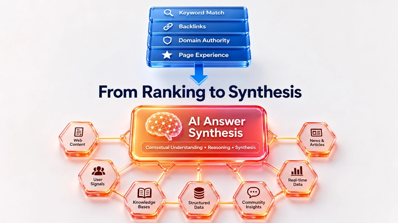 Flowchart illustrating the shift from traditional search engine link ranking to AI synthesized answers using entities