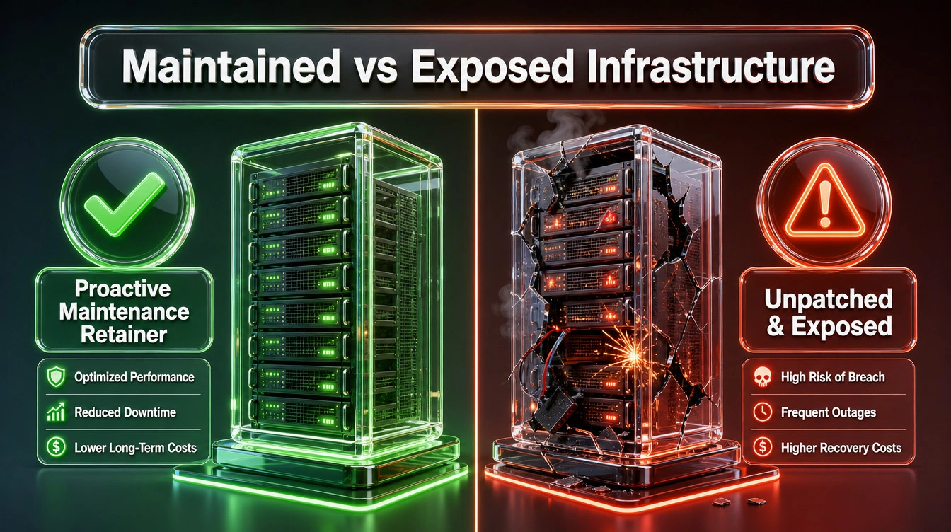 Split-screen comparison of a secure, updated server versus a cracked, vulnerable server crashing.