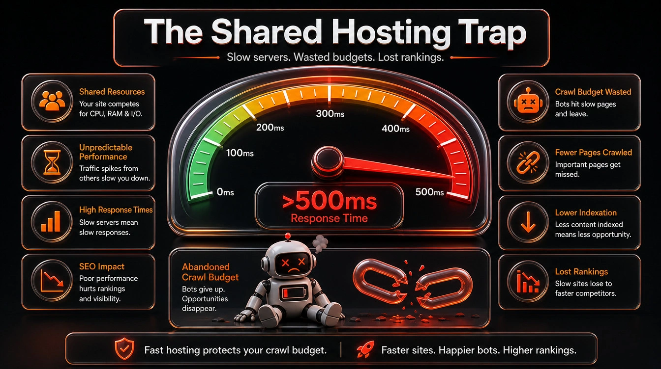Speed gauge diagram showing how slow shared hosting response times deplete search engine crawl budgets