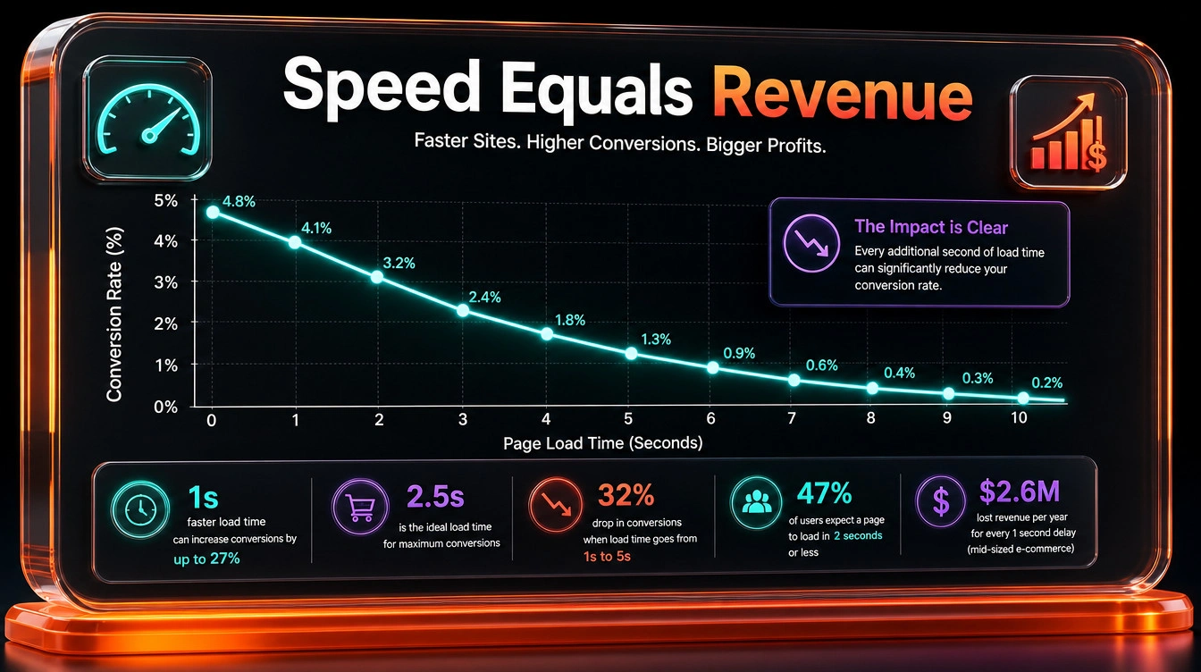 Line graph demonstrating the inverse relationship between website load time and conversion rates.