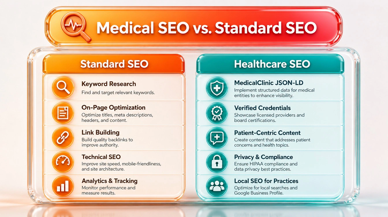 Comparison table highlighting the technical difference between standard search engine optimisation and medical search engine optimisation
