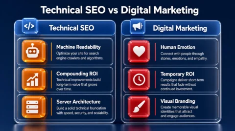 Comparison table highlighting the fundamental differences between technical SEO and digital marketing deliverables