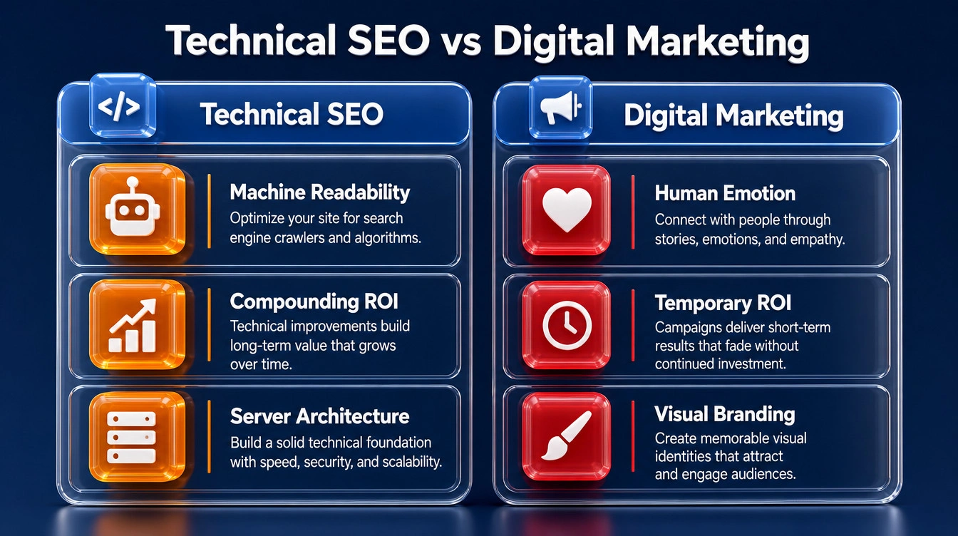 Comparison table highlighting the fundamental differences between technical SEO and digital marketing deliverables