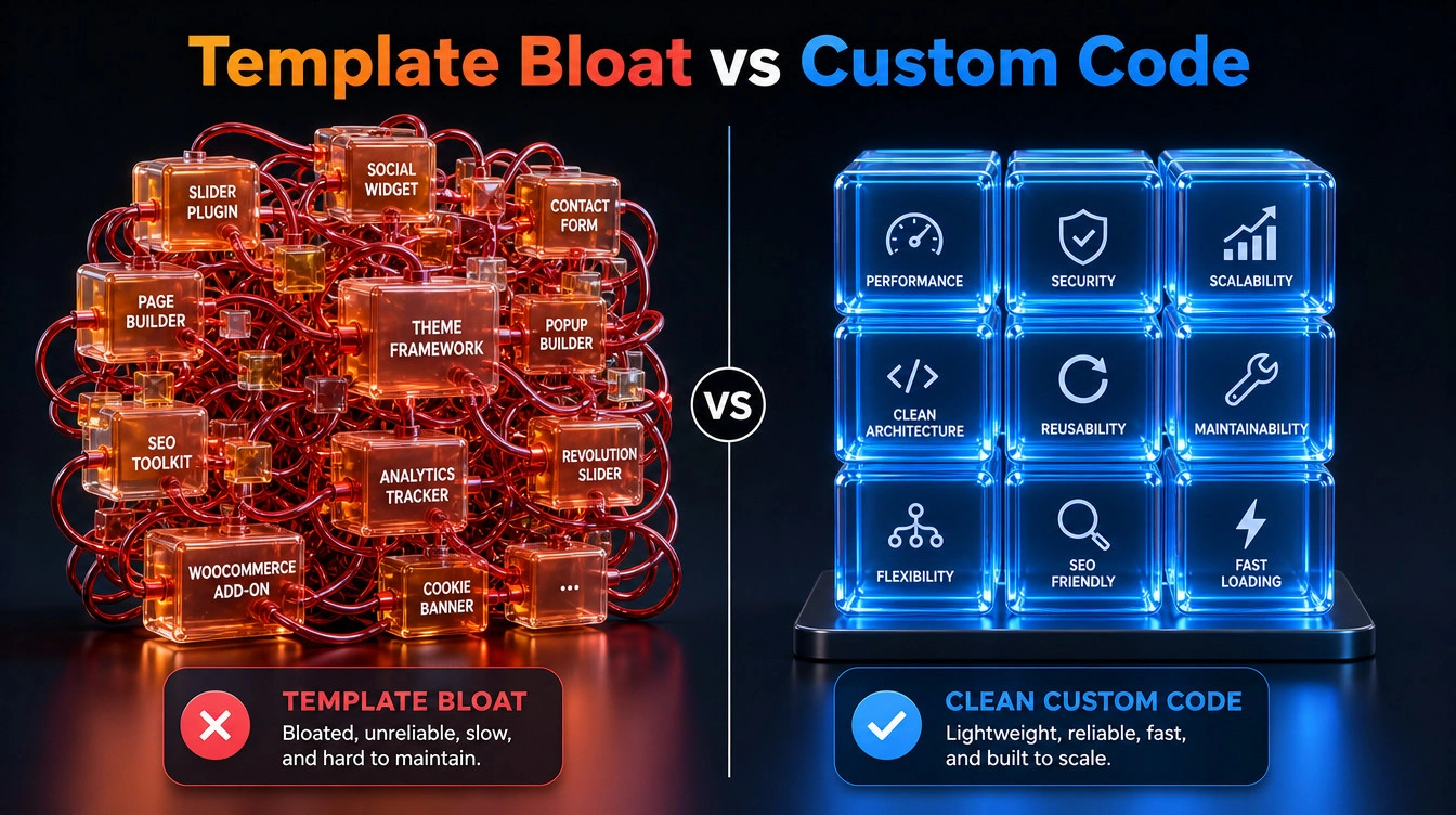 Comparison graphic showing tangled, bloated code from a cheap template next to clean, streamlined custom code.