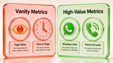 A split-screen infographic comparing vanity metrics like page views against high-value metrics like WhatsApp clicks and form submissions.