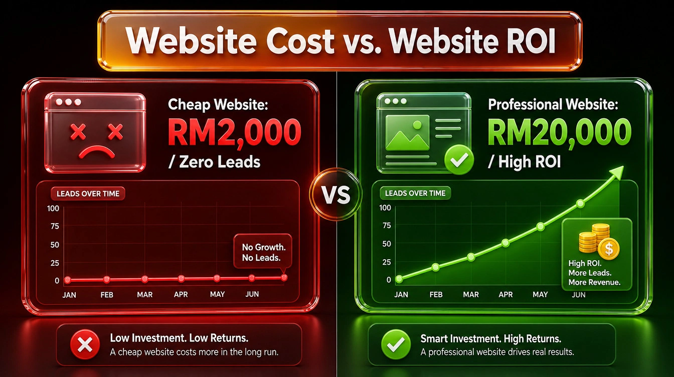 Comparison showing a cheap website generating zero leads versus a professional website driving consistent revenue.