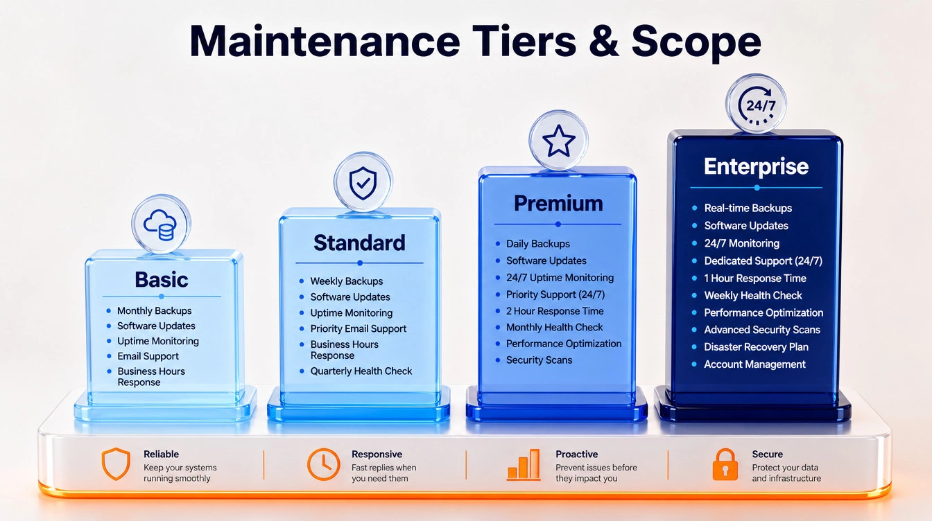Bar chart displaying monthly website maintenance pricing tiers from Basic SME to Enterprise levels.