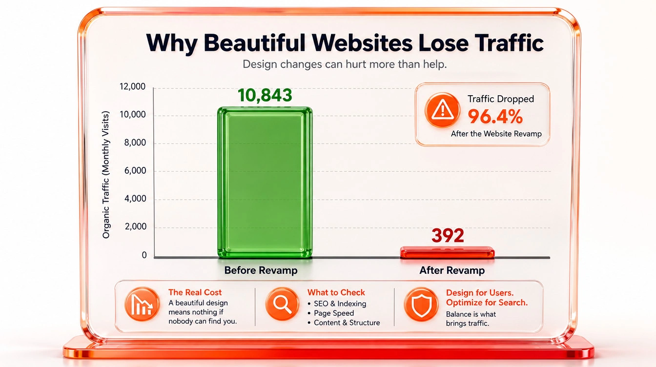 Bar chart showing a drastic drop in indexed pages after a website redesign without technical oversight