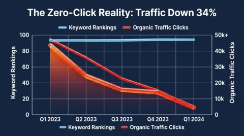 Line graph illustrating a severe drop in organic traffic clicks despite steady keyword rankings, highlighting the impact of zero-click AI summaries.