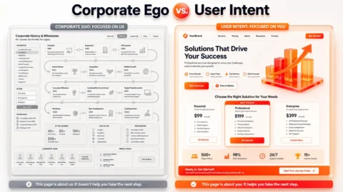 A comparison graphic showing corporate history pages versus dedicated service pricing pages.