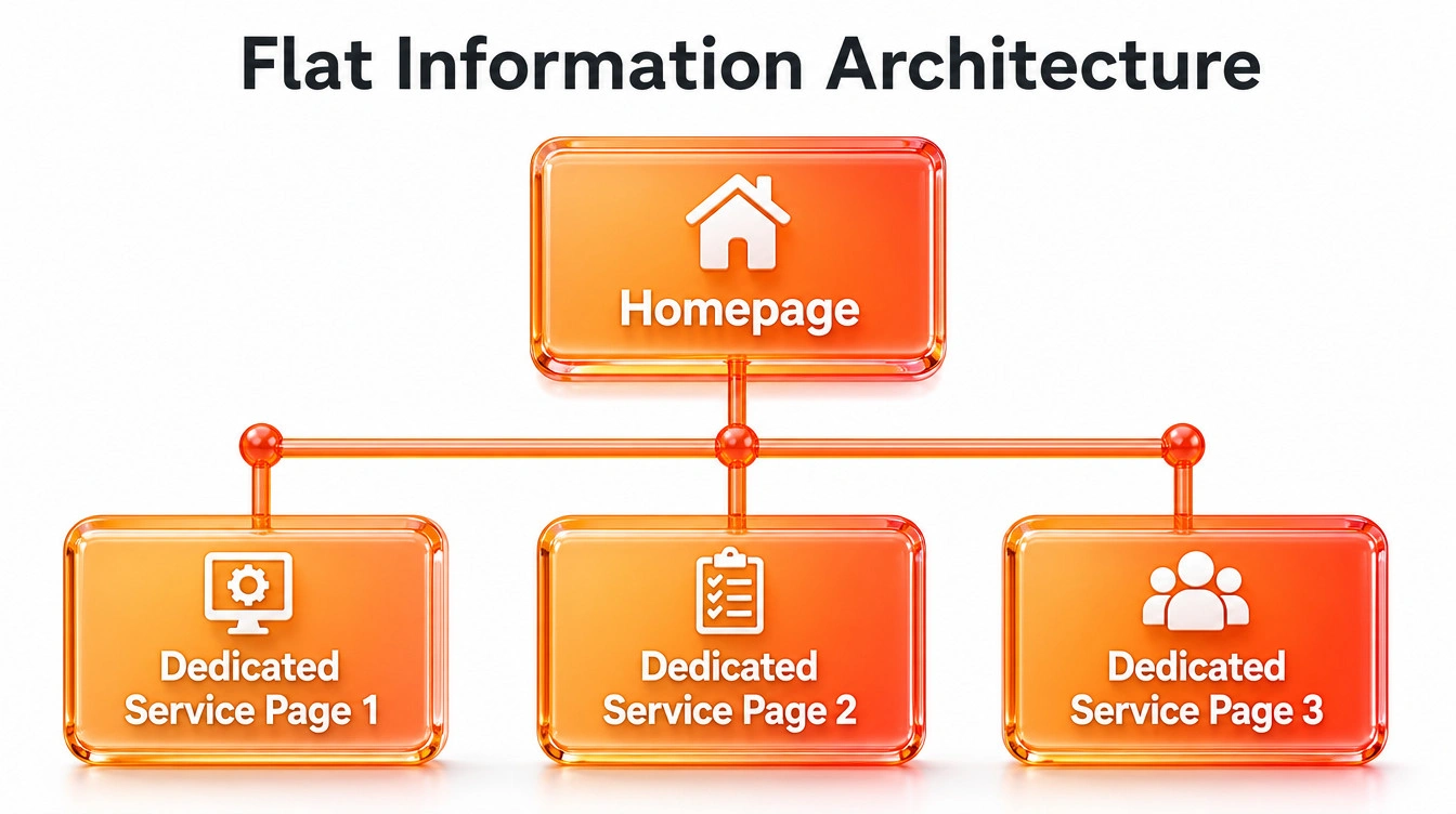 A site map diagram showing multiple distinct service pages branching from a main homepage.