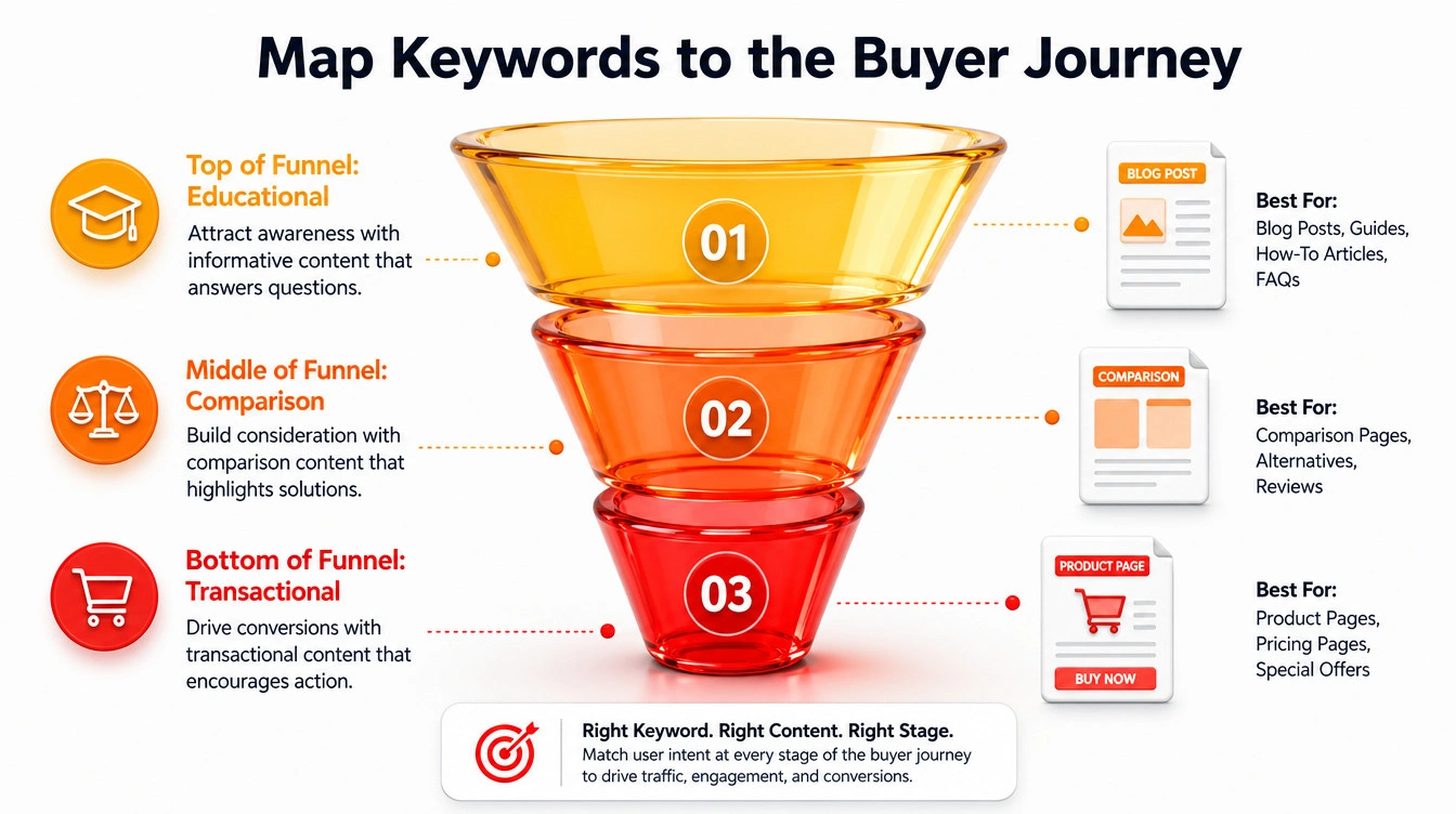 A funnel graphic mapping educational content at the top and technical specifications at the bottom.