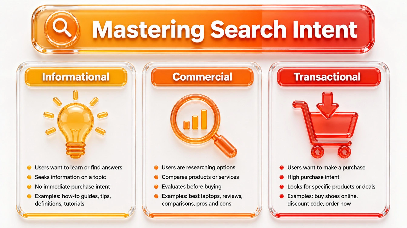 A three-column chart detailing informational, commercial, and transactional search intent.