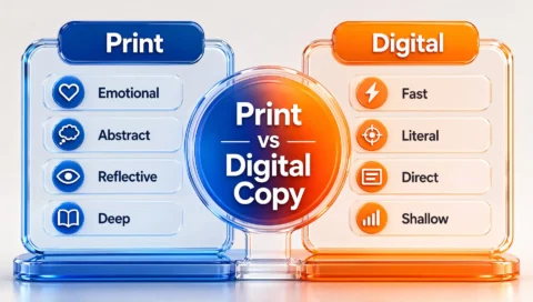 Comparison table infographic highlighting the differences between printed brand copy and digital search copy