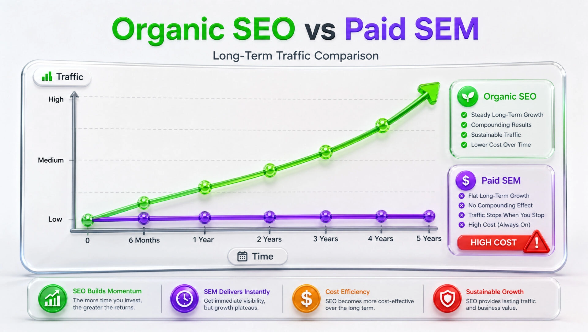 Line graph infographic comparing the long-term traffic sustainability of organic SEO versus paid SEM campaigns